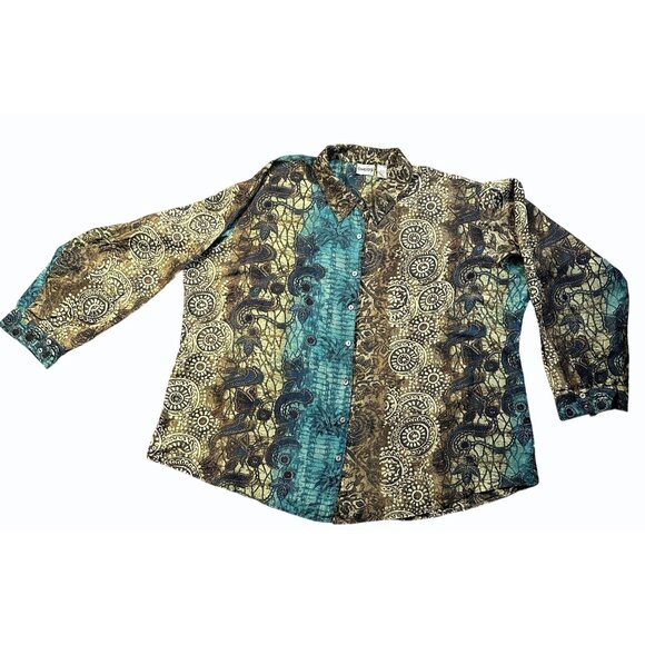 Chicos Silk Boho Button-Up Blouse Green Teal Brown Floral XL Artsy Comfort Loose - Picture 2 of 14